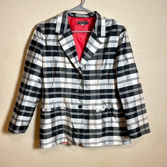 Harris Wallace Silk Blazer Jacket Women Size 12 Black Plaid Long Sleeve Collared - Picture 1 of 7